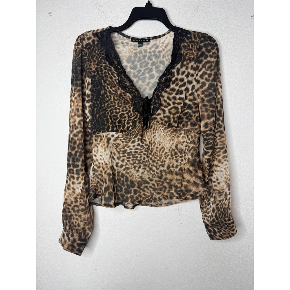 Leopard Print Lace Sheer Long Sleeve Women's LG 90s Y2K Grunge Indie Mobwife
